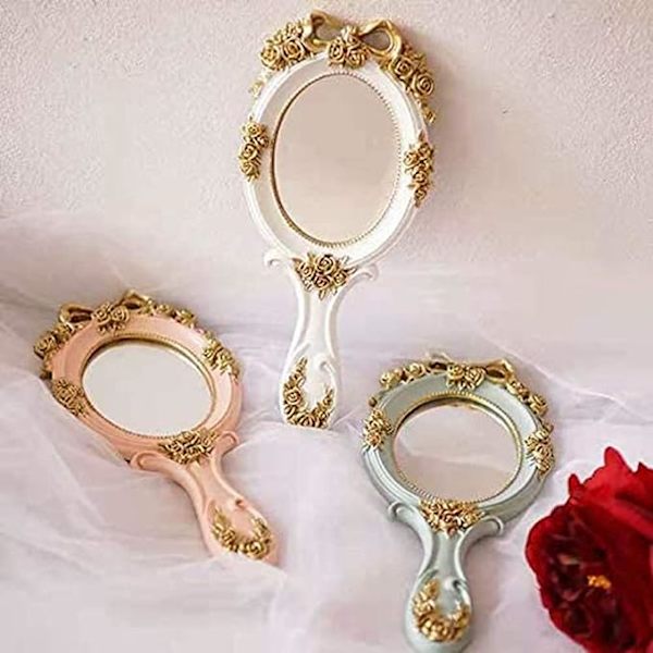 Vintage håndholdte spejle, kompakte spejle med håndtag, håndspray guld unik spray prinsesse skønhed Lolita klassisk rose, til ansigtsmakeup rejse per