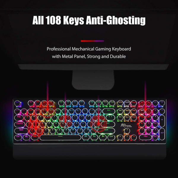 Mekanisk Gaming Tastatur i Skrivemaskinestil med Ægte RGB Baggrundsbelysning og Foldbar Håndledsstøtte, 108 Taster