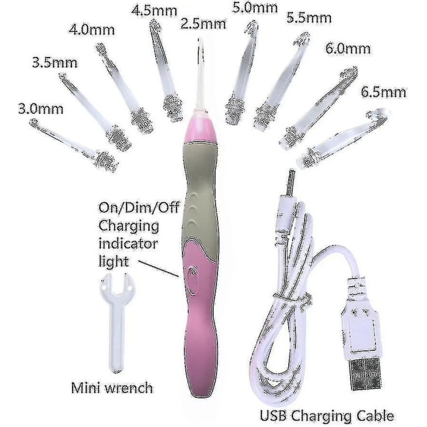 Lyste Heklekroksett, 9 Størrelser Utbyttbare Hoder 2,5 mm Til 6,5 mm Med Ergonomiske Grep, Oppladbare Lyste Heklekroker Komplett Sett For A