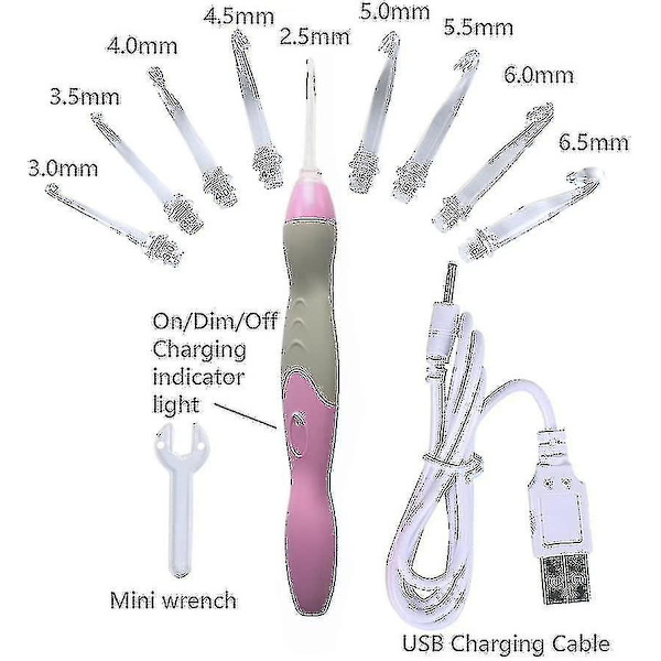 Upplyst Virknålssats, 9 Storlekar Utbytbara Huvuden 2,5 mm Till 6,5 mm Med Ergonomiska Grepphandtag, Laddningsbara Upplysta Virknålar Komplett Set För A