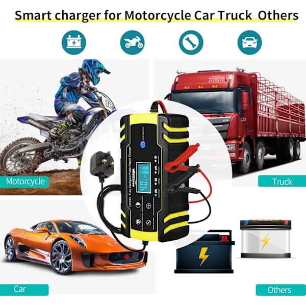 12V/24V 8Amp automatisk batterilader med 3-trinns lading, 6 lademodus og LCD-skjerm, intelligent lading, reparasjoner, vedlikehold