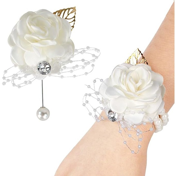 Håndleds Corsage Rose Brudepiger Bryllup Blomster Prom Corsage og Boutonniere Sæt til Bryllupsfest Prom Brudgom Brude (Hvid)
