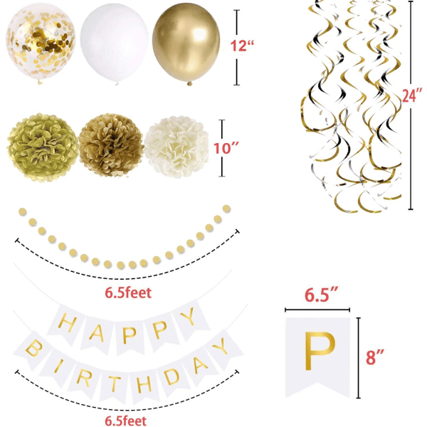 49-pack guld Grattis på födelsedagen dekorationer för kvinnor grillar, guld vit födelsedag dekoration set med födelsedagsbanner, guld vita konfetti ballonger