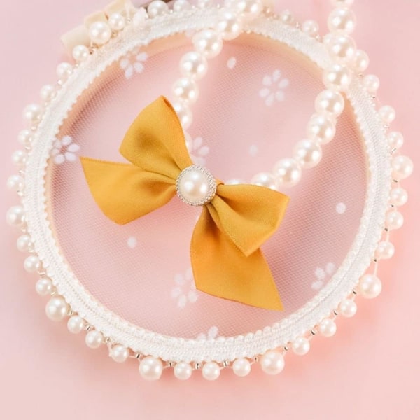 Liten hundpärlhalsband med rosett, smyckeklänning upp husdjur dekorativ hundkoppel halsband, husdjurskragar kattunge hundklocka halsband(XL 35-40cm-Gul)
