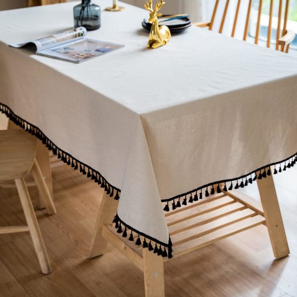 Rustik linneduk med tofsar, dammsäker bordsdukar för kök, matsal, fest, semester, jul, buffé (beige, 55\"x55\")