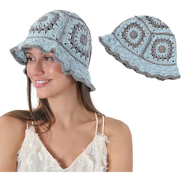 Boho Heklet Bøttehatt for Kvinner Blomster Håndlaget Beanies Hat Hul Håndstrikket Casual Strandhatt for Ferie