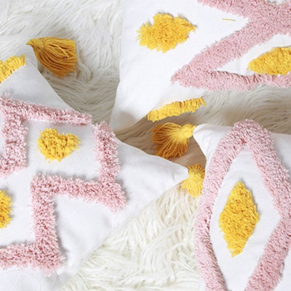 Fargerike Boho Tufted Pledd Putetrekk med Dusker Geometriske Kvadratiske Pudetrekk Putevar (Geometrisk A, 18\"x18\")
