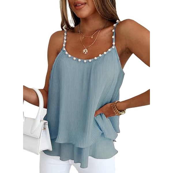 Dame V-hals Perlebesætning Tank Top Dobbelt Lag Ruffle Hem Justerbar Spaghetti Stropp Camisole（stor）