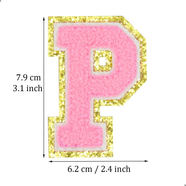 Engelska bokstaven P Stryk på reparationslappar Alfabetsömnad Applikationer Klädmärken, med guldglitterkant, självhäftande bakdekal (Rosa P) Pink
