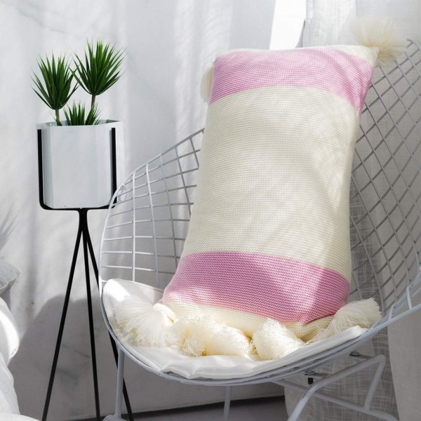 Maalaistalon raidallinen puuvillaneulottu tyynynpäällinen cover neulottu koristeellinen cover sohvalle, sohvalle (vaaleanpunainen purppura B, 13"x26")