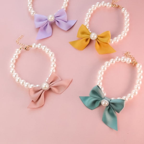 Liten hundpärlhalsband med rosett, smyckeklänning husdjur dekorativ hundkoppel halsband, husdjurskrage kattunge hundklocka halsband(XL 35-40cm-rosa)