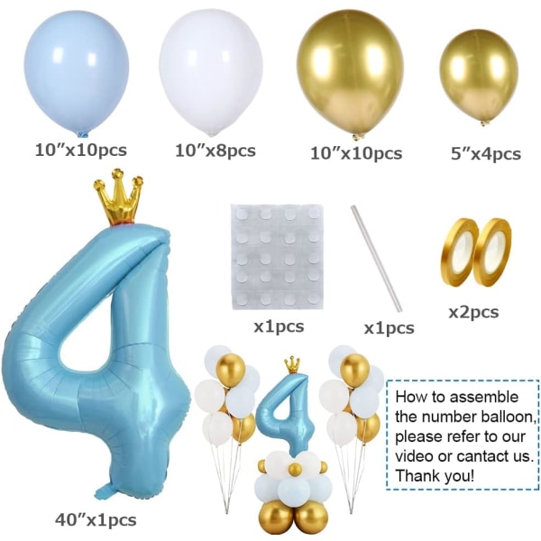 Blå krona nummer 4 ballong, 40'' stort nummer folieballong med latexballonger, 4-årsdag (blå 4)
