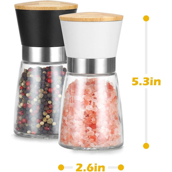 Svart og hvitt fargesalt og pepperkvernsett, enkelt å fylle og bruke, keramisk krydderkvern for kjøkken, med justerbar grovhet, kule trelokk