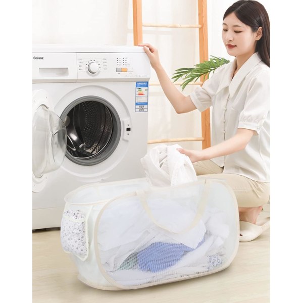 Foldable Laundry Hamper, Pop-Up Laundry Hamper, Foldable Mesh Dirty Laundry Hamper (Tear Resistant, with Power Handle) (Beige).