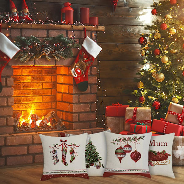Juleputetrekk 45x45cm, 4-pak juledekorative sofa i bomull og lin Jule-God jul-dekorasjon