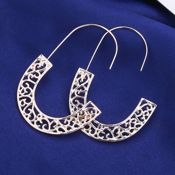 2 Pairs Geometric Earrings Metal Hoop Half Hook Hook Cutout Pattern Earrings Women, Rose Gold Betterlifefg