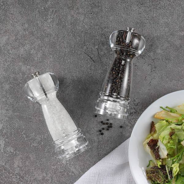 Sæt med 2 akrylsalt- og peberkværne - Justerbar gennemsigtig keramisk krop - Himalayasalt- og peberkværn - Nem at fylde