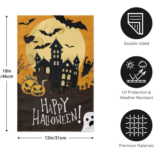 Halloween-puutarhalippu, kaksisivuinen syyspihan lippu kurpitsoilla, lepakoilla, kummituslinnalla, haamulla, mustalla kissalla, 12,5 x 18 tuumaa