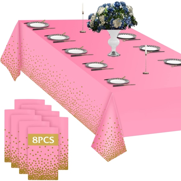 8-pack plastduk för fester Engångsduk, 8 fot rosa och guldprickig duk för rektangulära bord, cover för picknick, födelsedag