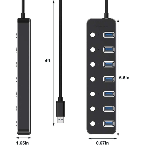 USB-hubbsplitter, USB 3.0-datahubb i aluminium med individuella på/av-brytare och LED-lampor för bärbar dator (4 fot/120 cm) (7 portar)