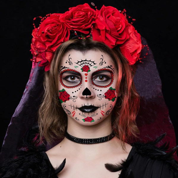 Day of the Dead Tattoos - Set med 8 Halloween Temporary Tattoo Stickers Día de Los Muertos Glitter Red Rose Skull Socker Skull Fake