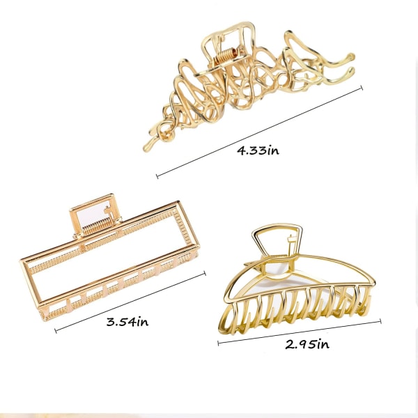 3 stk store gullmetall hårklokker for kvinner og jenter, søte store hårklemmer i legering med sterkt hold for tykt og tynt hår