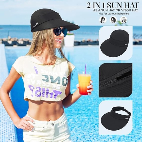 Sun Hats for Women UV Protection Wide Brim 2 in 1 Zip-Off Visor Summer Beach Hat Womens Packable Golf Hat