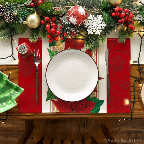 Akvarell röd jul bordstabletter Set med 4 30,48 x 45,72 cm Säsongsbetonad vinter jul bordslöpare för fest kök Matsal dekoration