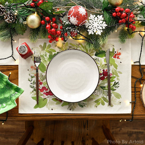 Vattenfärg Holly Jul Placemats Set om 4, 30,48 x 45,72 cm Säsongsbetonade Vinter Jul Semester Bordslöpare för Fest Kök Matrumsdekoration