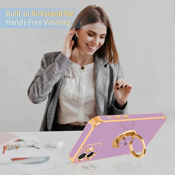 iPhone 12-fodral, iPhone 12-fodral med 360° ringhållare, smalt stativ, magnetiskt stöd för bilmontering, iPhone 12 6,1 tum, lila/guld
