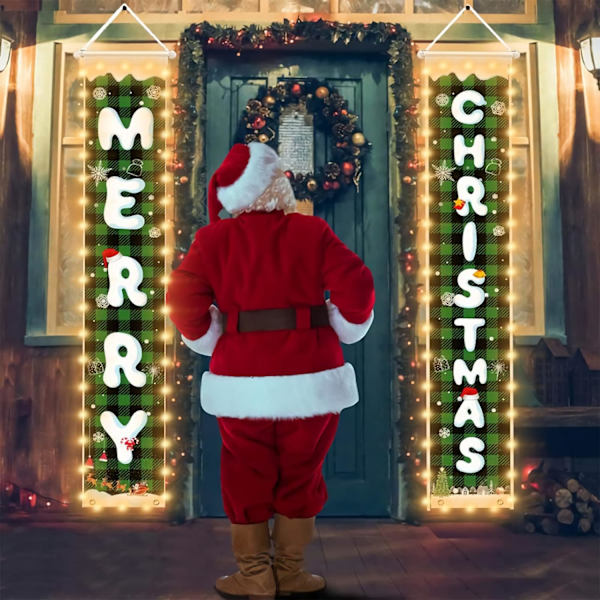 Glædelig jul dekoration banner med lyskæde, jule veranda skilt og fest dekoration, grøn ternet jul