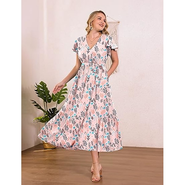 Sommarklänningar för kvinnor, wrap V-ringning, casual, lös, bohemisk blommig klänning, kortärmad, bältad, volang, A-linje, klänning EP1