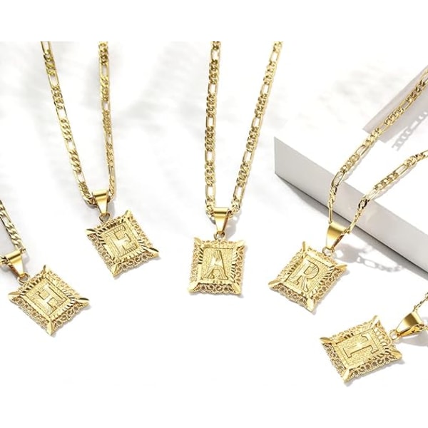 Inledande bokstavshängehalsband för män kvinnor, 27K guldpläterat fyrkantigt monogramhalsband Alhpabets från A-Z Figaro Kedjehalsband