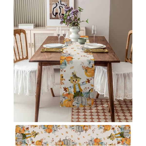 Thanksgiving Fugleskræmsel Bordløber Gård Græskar Høst Linned Bomuld Bordløber Kommode Tørklæder, Efterår Efterår 13x90in