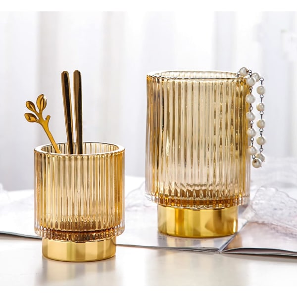 Sminkebørsteholder-arrangør for toalettbord, stor lysegul krystall kosmetisk sminkebørste glassbørster oppbevaringsholder