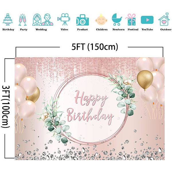 Rosegull Glitter Bursdagsbakgrunner for Jenter Ballong Blomster Gratulerer Med Dagen Fest Rosa Fotografi Bakgrunn 5x3ft Barn Bday Baby Banner
