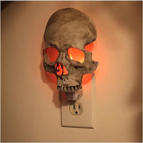 Kranium Natlampe, Halloween Gotisk Håndlavet Kranium Natlampe, Kranium Lampe Stik i Væg med Flamme Atmosfære, Gotisk