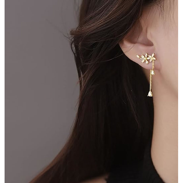 925 Sterling Sølv CZ Blomster Wrap Øreringe Dangle Kæde til Kvinder Piger Elegant Dangling Øreringe