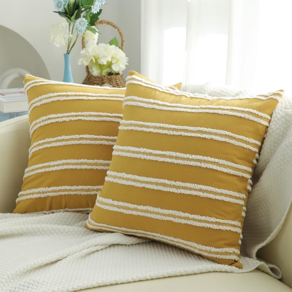 Bohemian decorative pillowcase, 2 sets of neutral striped pillowcase 16X16, yellow cotton linen pillowcase for sofa and living room