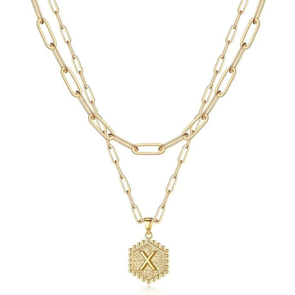 Fint Lagdelt Initial Halskæde til Kvinder Trendy, 14K Ægte Guldbelagt Papirclips Kæde Halskæde Sød Hexagon Bogstav Vedhæng Initial Choker