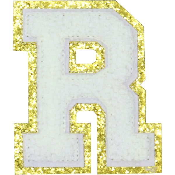 Engelsk bogstav R Stryg på reparationslapper Alfabetsyning Applikationer Tøjmærker, med guldglitterkant, selvklæbende bagklistermærke（Hvid R）RHvid