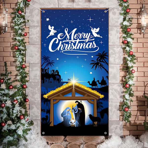 Julkrubba Jul Dörröversiktsdekorationer, Jesus Heliga Natt Jul Tyg Dörrdekorationer Verandaskylt Julscener 71x35 Tum