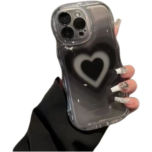 för iPhone 14 Pro Max Case Söt Estetisk Svart Hjärta Klart phone case för tonårsflickor Kvinnor [Kameralinsskydd][Vågig ram]