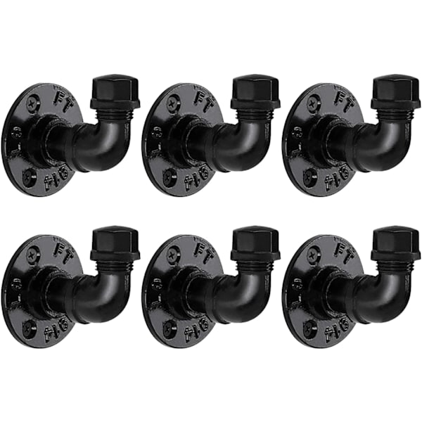 Industrielle rørkroge 6-pakning, Pynsseu jernkåbe og håndklædekrog, Heavy Duty DIY vægmonteret rustik frakkebøjle hat holder, mat sort krog