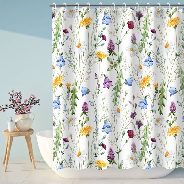Blomster bruseforhæng, Blomster bruseforhæng, Farverigt blomster bruseforhæng til badeværelse, Grønt blad og vildblomst bruseforhæng, 72\" x 72\" tommer