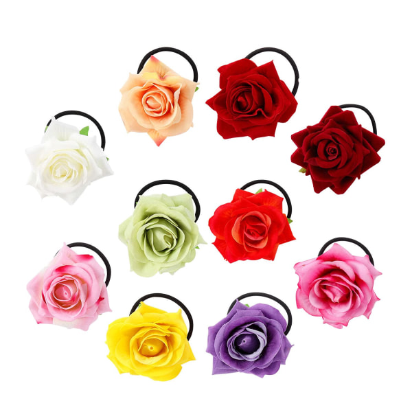 10-pack färgglada vita rosa röda tygblommor hårband stretchiga blommiga hårsnoddar hästsvanshållare elastiska hårbrudar