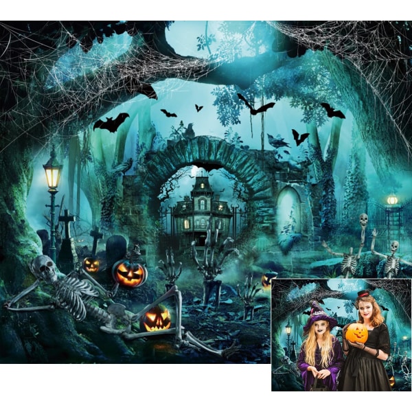 Halloween Dekoration Bakgrund Läskig Natt Slott Spöklik Skalle Pumpa Hallowmas Fotografi Bakgrund Skräck Kyrkogård Fladdermus Spökhus 7x5ft