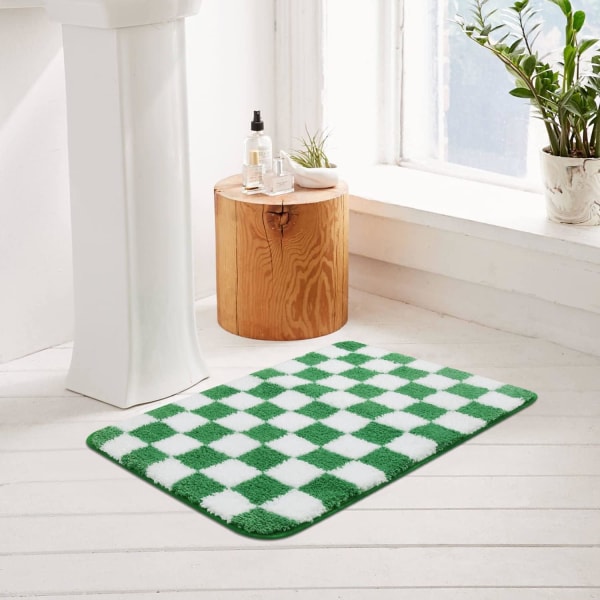 Rutiga badrumsmattor, gröna halkfria vattenabsorberande badmattor, lyxiga maskintvättbara badmattor, mjuka mikrofiber geometriska lurviga golvmattor, 18\"x25\"
