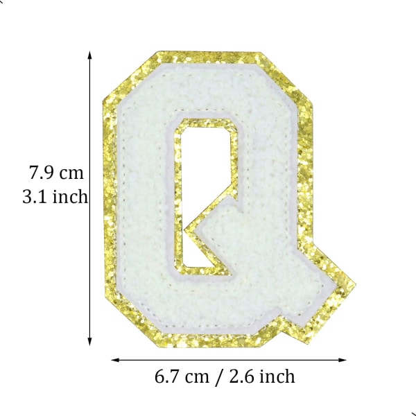Engelska bokstaven Q Stryk på reparationslappar Alfabetsömnad Applikationer Klädmärken, med guldglitterkant, självhäftande bakdekal（Vit Q）QWhite