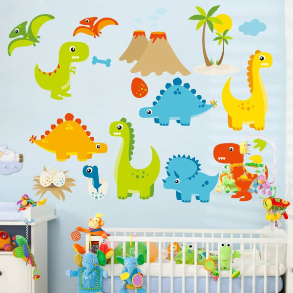 Söta tecknade dinosaurieväggdekaler, skala och sticka färgglada väggmålningar för barn i sovrum, barnkammare, klassrum och mer, 17,7 x 23,6 tum - -